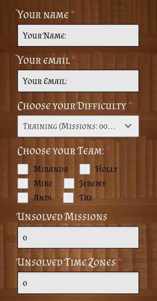 This is an image of my "Score Keeper Contact Form" for The Great Chase. It literally allows you to input certain numbers from the end results of your game and automatically generates an email that you can keep to check back on your scores in the future.