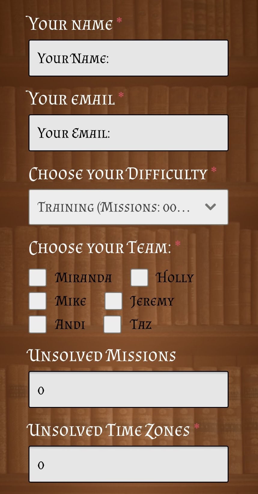 This is an image of my "Score Keeper Contact Form" for The Great Chase. It literally allows you to input certain numbers from the end results of your game and automatically generates an email that you can keep to check back on your scores in the future.