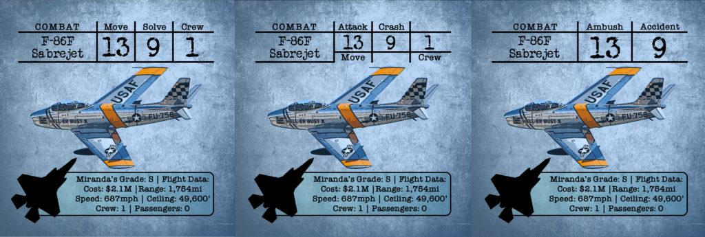 This image features three photographs of the same f86 Sabrejet card from The Great Chase. These three images are shown right next to one another to highlight the difference in numbers along the top right corner of each card. These changes are represented as different phases of our prototype design.