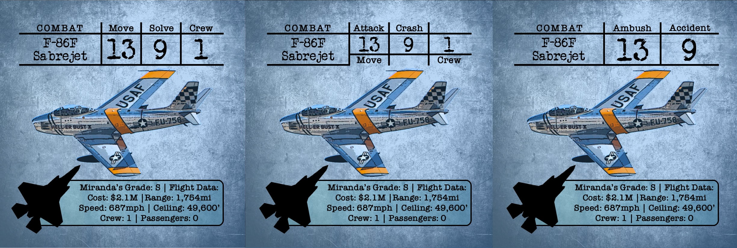 This image features three photographs of the same f86 Sabrejet card from The Great Chase. These three images are shown right next to one another to highlight the difference in numbers along the top right corner of each card. These changes are represented as different phases of our prototype design.