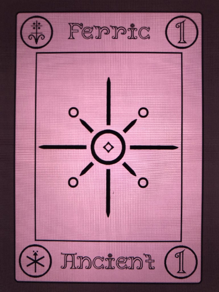 This image is of a basic playing card design for the game Calendra. It is being used here to showcase the different parts of the card layout and the change in color / texturing