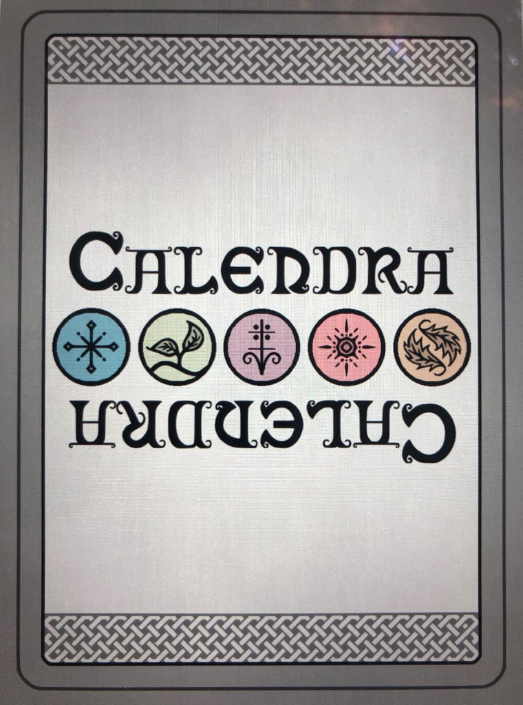 This is card artwork for the back facing designs of Calendra cards. These designs are left intentionally half-done so that I can show the stages of the process in the design.