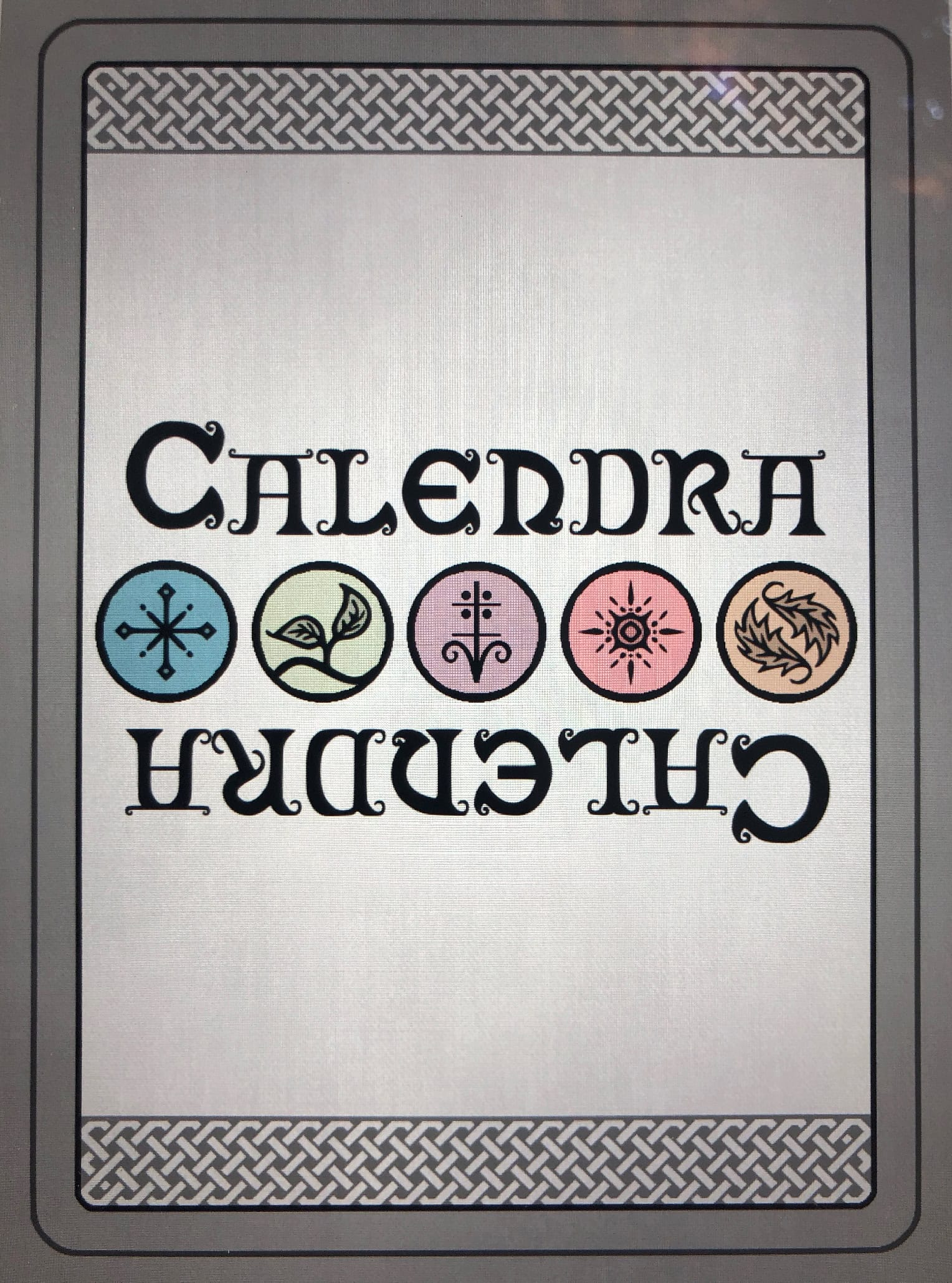 This is card artwork for the back facing designs of Calendra cards. These designs are left intentionally half-done so that I can show the stages of the process in the design.