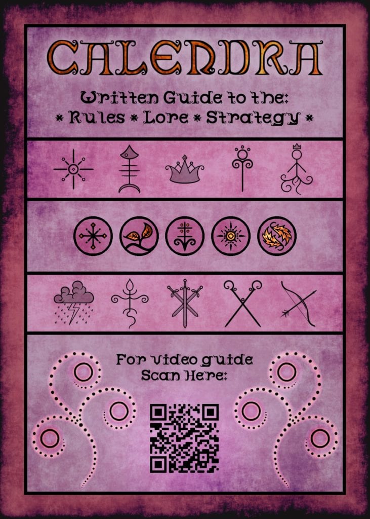 Front Cover of the Calendra Rule Book. Mostly a decorative image to showcase the symbols of the game, the title of the game, and give a QR code link to the rule book web pages
