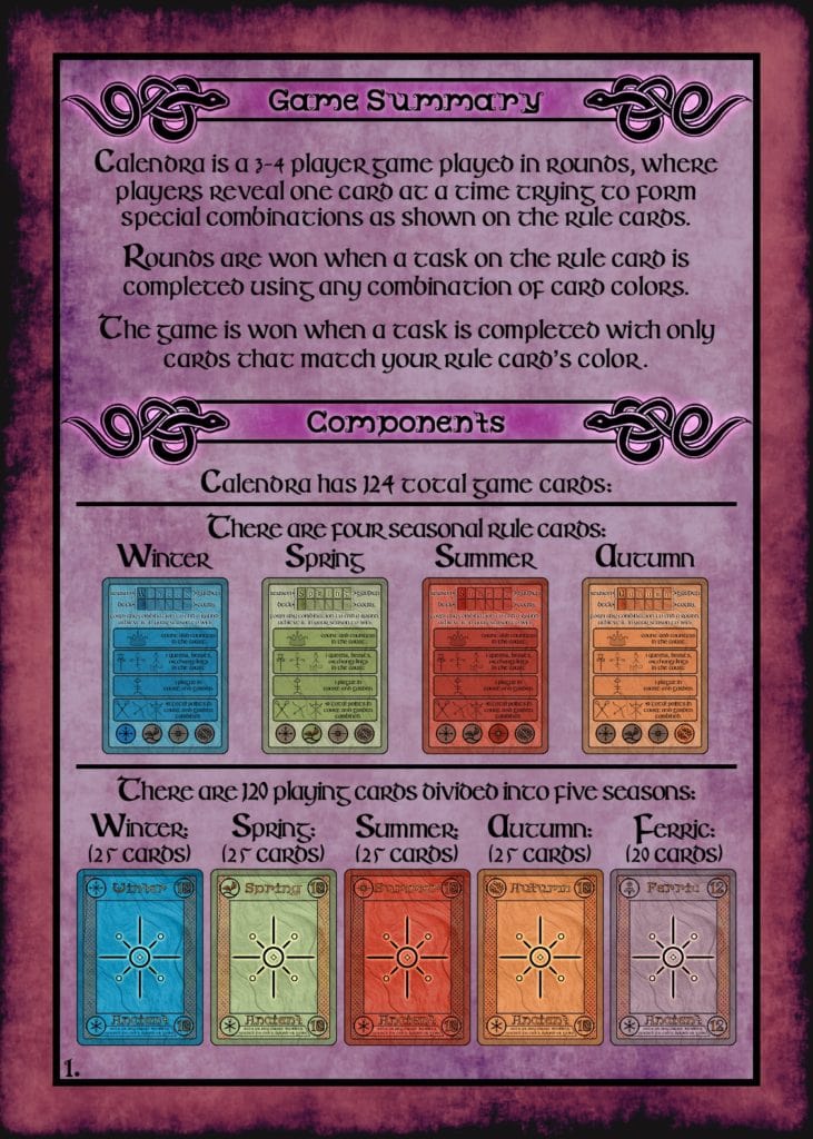First Page of the Rule Book for Calendra. This page covers a brief description of the game as well as a visual components list of the types of cards that will appear in the game.