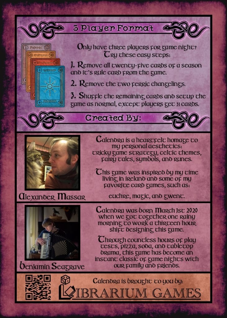 This is the back cover of the Rule Book for Calendra. This features specialized rules for 3-player gameplay and some credit information about the creators.