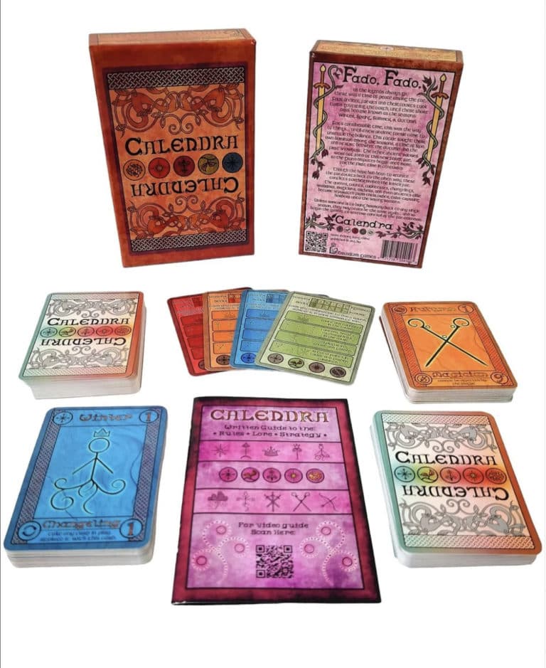 This is a review image for Calendra, showcasing the box, the cards, and the rulebook!